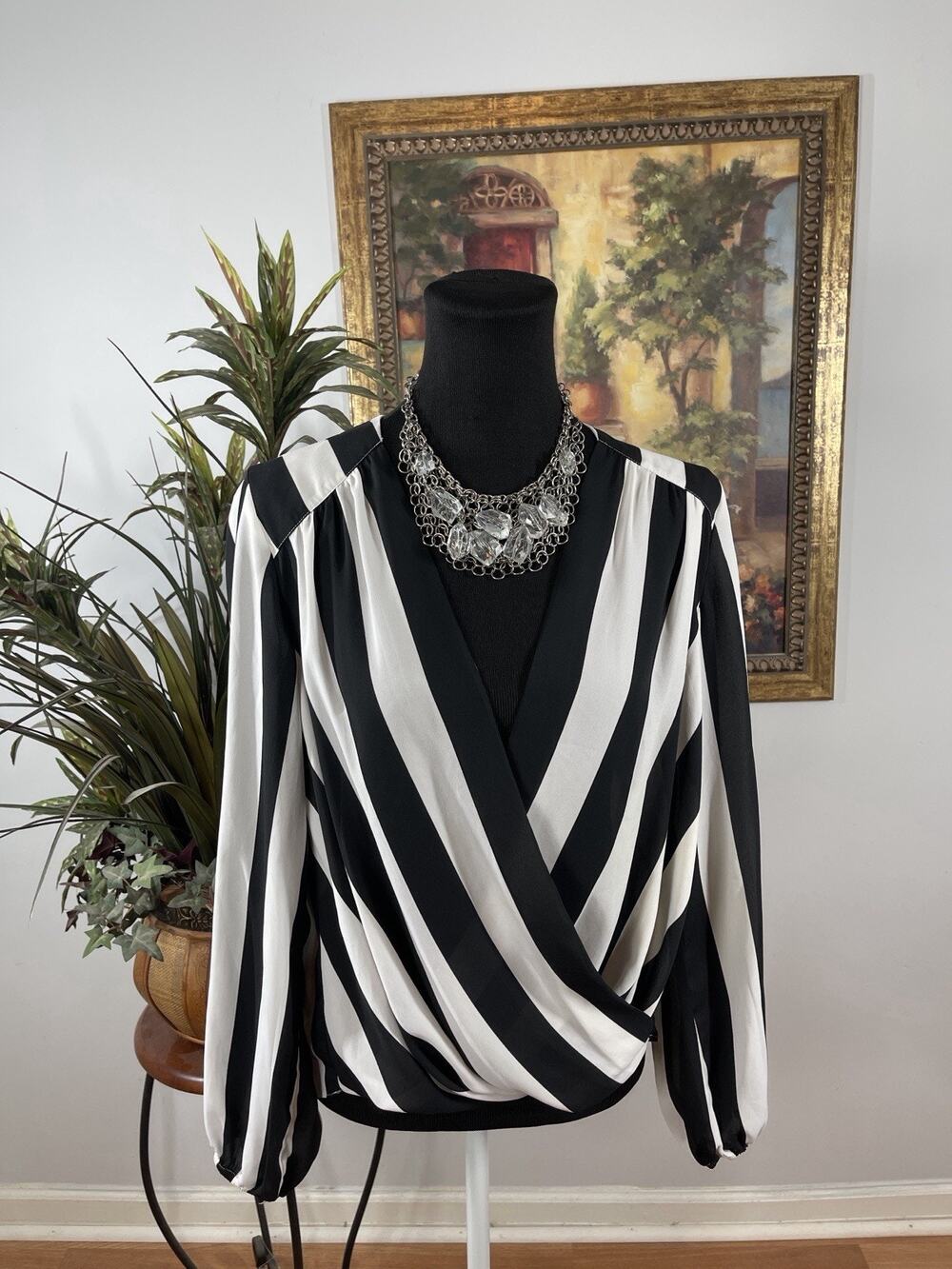 INC International Concepts XS Black White Striped Wrap Blouse Long Sleeve Top